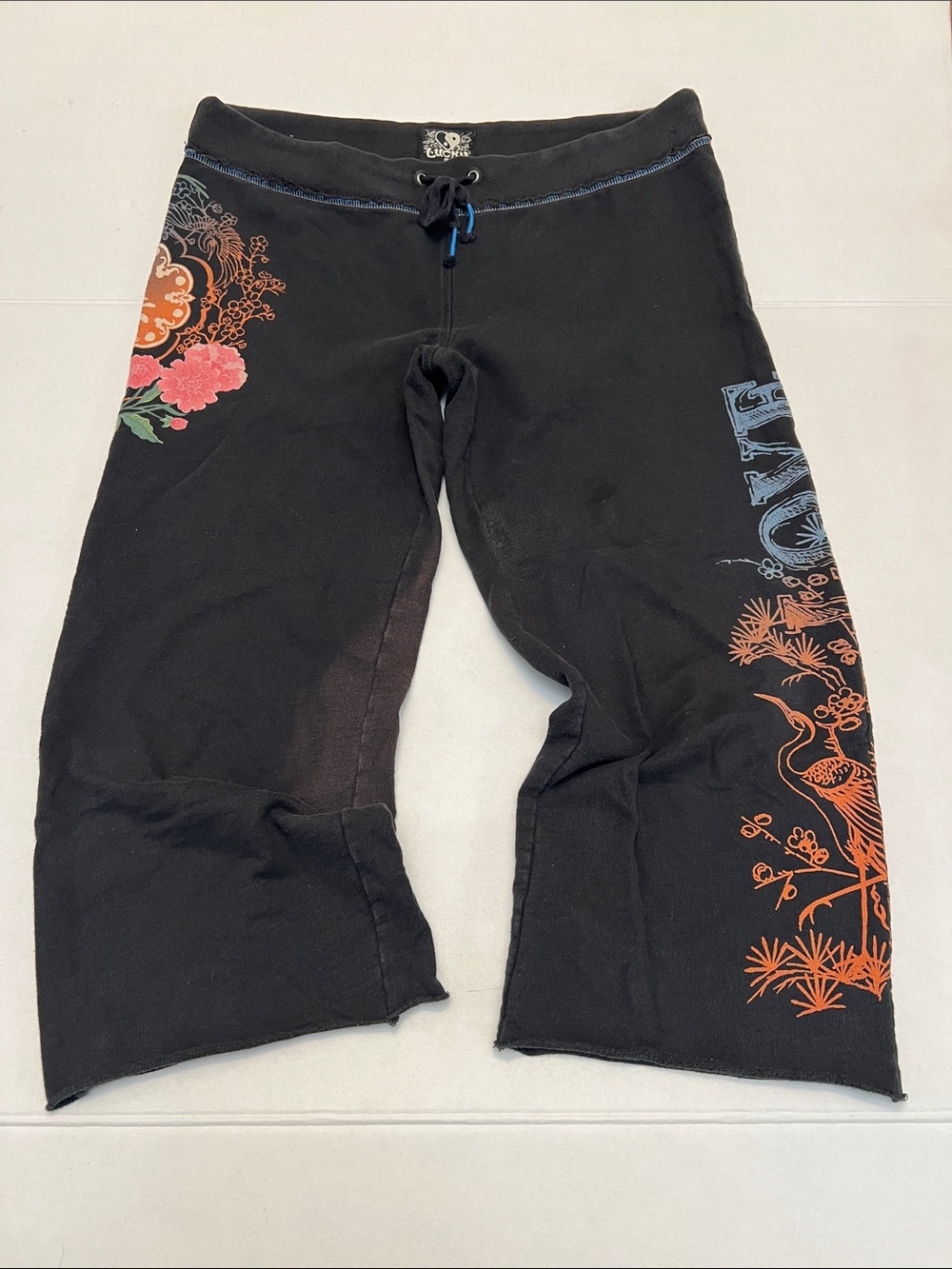 VINTAGE Y2K LUCKY BRAND CRANE FLORAL CROPPED SWEATPANTS LOW RISE GRAPHIC M